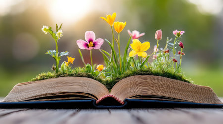 An enchanting scene featuring an open book with colorful flowers and lush greenery emerging from its pages, symbolizing growth and creativity in nature.の素材