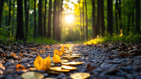 A enchanting forest pathway illuminated by golden sunlight, showcasing a trail adorned with vibrant golden leaves and scattered coins, symbolizing abundance and peace.の素材