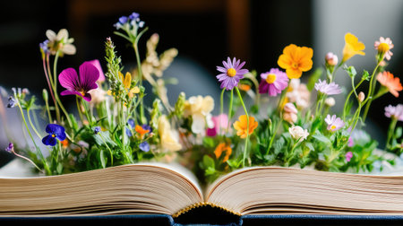 An open book serves as a canvas for a vibrant display of flowers, symbolizing the connection between nature and knowledge. This cheerful scene inspires creativity and growth.の素材
