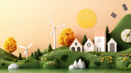 This vibrant 3D illustration depicts a colorful sustainable landscape featuring wind turbines, colorful houses, and radiant trees under a bright yellow sun.の素材