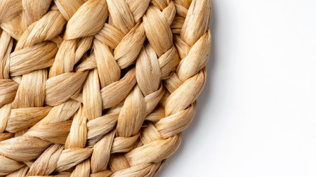This image captures the intricate detail of a handcrafted natural fiber basket weaving, showcasing the organic textures and warm tones, perfect for decorative use.の素材