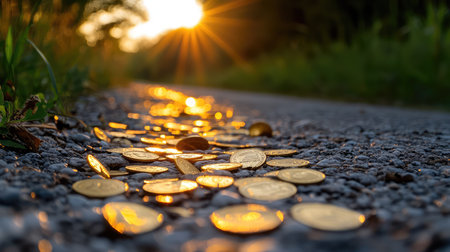 A beautiful image showcasing scattered gold coins along a gravel path, illuminated by the warm sunlight of a sunset, creating a serene and magical atmosphere.の素材