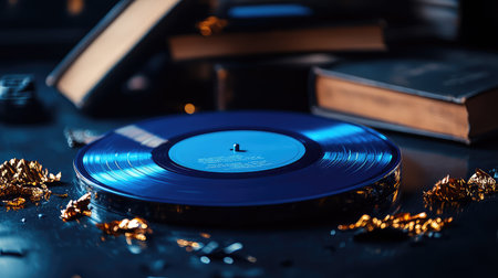 A stunning flat lay of a blue vinyl record resting elegantly on a dark surface amidst vintage books and shiny gold foil, evoking a rich aesthetic atmosphere.の素材