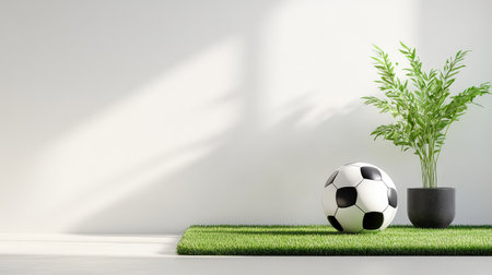 This image features an indoor soccer ball resting on lush grass beside a potted plant, highlighting a serene and sporty atmosphere perfect for home decor.の素材