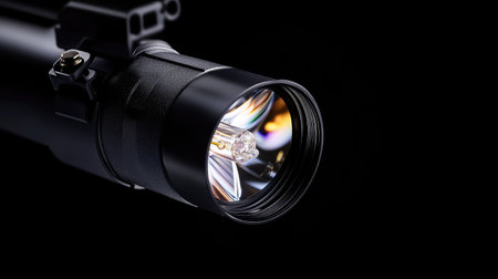 This detailed close-up image showcases a powerful flashlight, highlighting its optical lens and vivid reflections. The sleek black design enhances its modern look.の素材