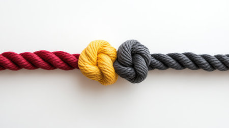 This image features three twisted ropes in vibrant red, bright yellow, and deep gray, tied in a knot on a clean white background, symbolizing connection and strength.の素材