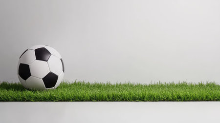 A classic soccer ball rests on lush green grass against a minimalist white background, perfect for themes of sports, recreation, and active lifestyles.の素材