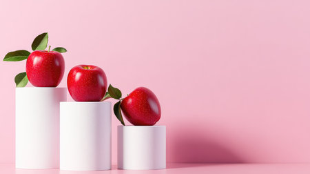 Three vibrant red apples are elegantly placed on minimalist white pedestals against a soft pink background, symbolizing health and freshness.の素材
