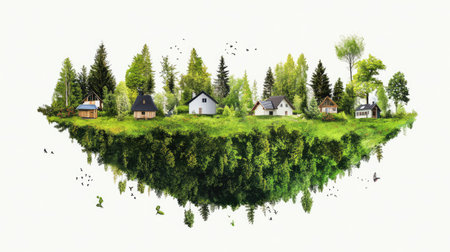 A captivating illustration of a floating island showcasing charming houses amidst vibrant greenery, depicting a peaceful and serene nature setting.の素材