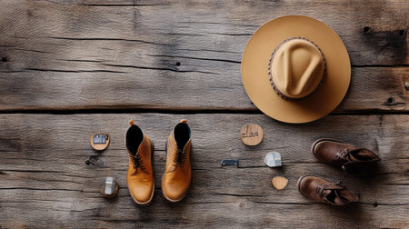 A captivating arrangement featuring vintage leather boots, a stylish hat, and rustic tools on a weathered wooden surface, ideal for country-themed photography.の素材
