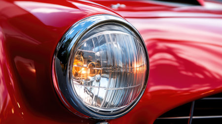 This close-up image showcases a vintage car headlight against a striking red body. The gleaming chrome accents and reflections emphasize the classic automotive design, making it ideal for enthusiasts.の素材