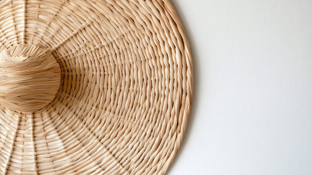 A beautiful round woven straw hat featuring a detailed texture against a clean white background. Ideal for summer-themed projects and lifestyle photography.の素材
