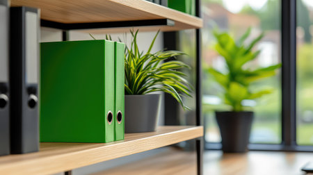 A close-up view of green binders on a wooden shelf with stylish indoor plants, showcasing a bright and modern office space filled with natural light.の素材