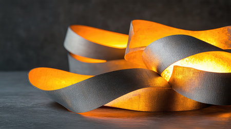 A captivating abstract scene featuring glowing ribbons intertwined with textured metallic surfaces, highlighting a modern design approach and warmth.の素材