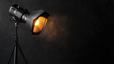 A professional studio light stands elegantly in a dark setting, casting a warm glow and creating a captivating smoke effect, perfect for photography.の素材