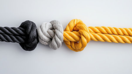 A visually striking arrangement of black, gray, and yellow ropes tied in colorful knots showcases texture and creativity, perfect for art and design projects.の素材