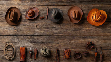 A captivating arrangement of various cowboy hats and leather accessories laid out on a rustic wooden surface, showcasing unique textures and design.の素材