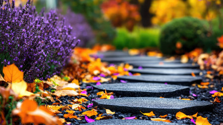 A serene view of a garden path adorned with vibrant autumn leaves and blooming lavender, inviting tranquility and natural beauty in a picturesque setting.の素材