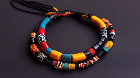 This stunning handmade necklace features an array of colorful beads arranged in vibrant patterns. Perfect for adding a unique touch to any outfit, it showcases exceptional craftsmanship and artistic design.の素材