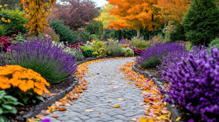 A beautiful garden pathway is adorned with vibrant flowers and colorful autumn leaves. The serene scene captures the essence of nature's beauty and tranquility.の素材