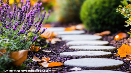 A close-up of a serene garden pathway featuring smooth stones bordered by vibrant lavender flowers and fallen colorful autumn leaves, creating a tranquil outdoor ambiance perfect for relaxation.の素材