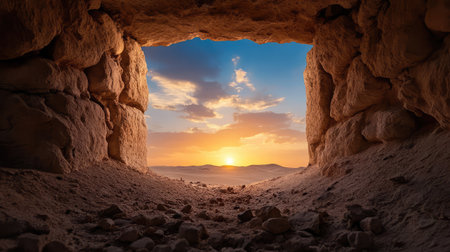 This stunning image captures the breathtaking view from inside a cave, showcasing a vibrant sunset over a vast desert landscape. The warm colors and natural formations create a serene atmosphere, ideal for travel and nature enthusiasts.の素材