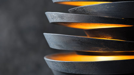 This modern lighting fixture features a layered design that creates a warm and inviting glow against a dark background, enhancing any space's ambiance.の素材