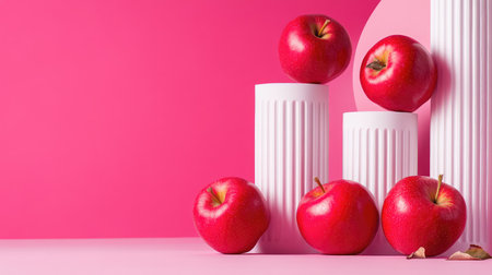 This vibrant still life features glossy red apples atop elegant white columns against a bold pink background, showcasing freshness and modern design.の素材