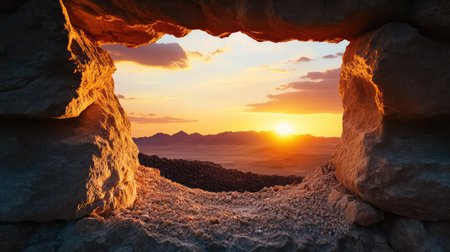 Enjoy a stunning sunset captured through a rocky frame, highlighting the warm colors and textures of a serene desert landscape at dusk.の素材