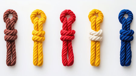 A visually striking arrangement of five colorful knots of rope on a clean white background, perfect for artistic projects and creative inspiration.の素材