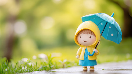 A cheerful child stands in the rain holding a blue umbrella, surrounded by lush greenery in a vibrant outdoor setting, evoking joy and innocence.の素材