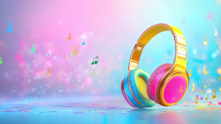 A pair of vibrant headphones sits against a beautiful gradient background of pink and blue, surrounded by floating musical notes, symbolizing audio joy.の素材