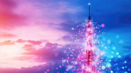 This striking digital artwork showcases a modern communication tower adorned with glowing lights against a breathtaking sunset sky, merging beauty with technology.の素材