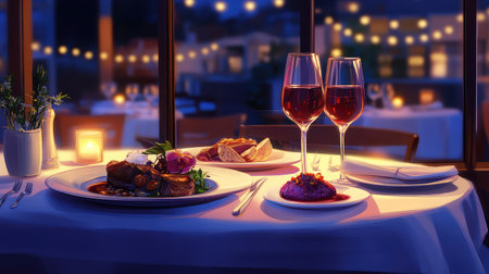 A beautifully arranged dinner table featuring gourmet dishes and fine wine, set in a cozy restaurant ambiance. Perfect for romantic evenings.の素材