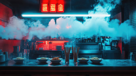 A vibrant restaurant kitchen illuminated by neon lights and filled with steam showcases four colorful dishes. The ambiance is energetic, reflecting culinary art.の素材