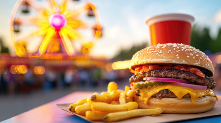 A mouthwatering cheeseburger with melted cheese and crispy fries, set against a colorful carnival scene featuring a fun ferris wheel at sunset.の素材