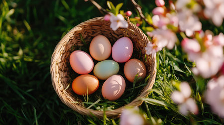 A charming basket filled with colorful Easter eggs sits beautifully on lush green grass, amidst blooming flowers, capturing the essence of spring joy.の素材