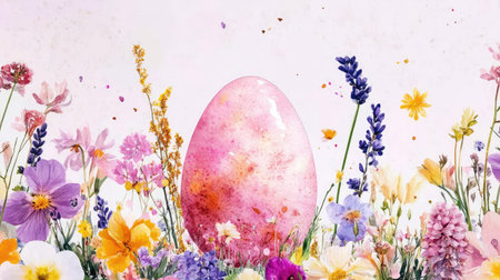 A beautiful watercolor painting featuring a soft pink egg set against a backdrop of vibrant wildflowers, capturing the essence of spring blossoms in a charming and artistic manner.の素材