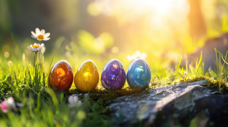 A charming scene featuring colorful Easter eggs resting on lush green grass, surrounded by delicate wildflowers and warm sunlight. A perfect springtime image that conveys joy and celebration.の素材