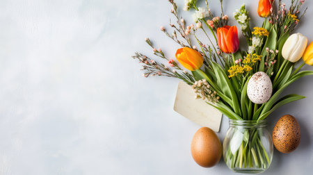 A vibrant spring bouquet featuring colorful tulips and wildflowers arranged in a glass jar accompanied by decorative eggs, perfect for celebrations.の素材