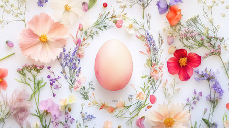 A soft pink egg sits gracefully among a variety of delicate flowers, creating a serene and colorful display perfect for spring or Easter-themed projects.の素材