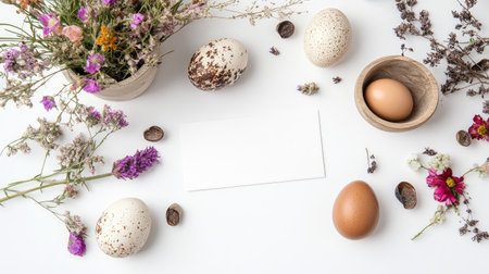 This elegant spring still life features natural eggs and vibrant wildflowers arranged artfully on a white background, perfect for seasonal designs.の素材
