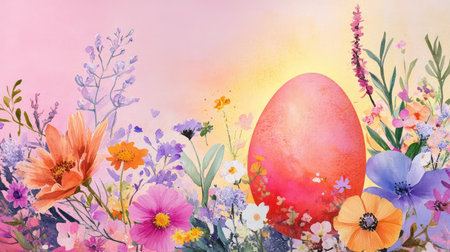 A beautiful pastel composition featuring a pink Easter egg nestled among a variety of lively spring flowers, evoking joy and celebration.の素材