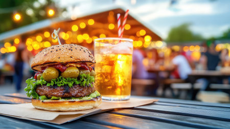 A delicious hamburger stacked with fresh ingredients sits on a wooden table next to a chilled drink. The lively outdoor setting is enhanced by warm lights, creating an inviting atmosphere perfect for gatherings and casual dining.の素材