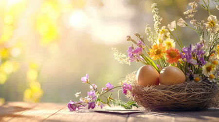 A charming nest holding brown eggs is beautifully adorned with vibrant spring flowers, basking in warm sunlight, perfect for seasonal celebrations.の素材