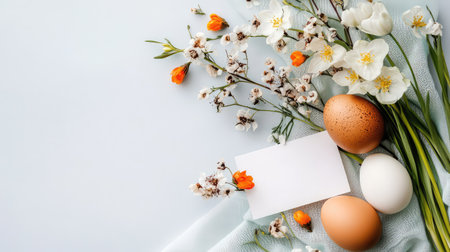 A serene arrangement of fresh eggs, delicate flowers, and a blank card on a soft blue background, perfect for Easter or spring-themed designs.の素材