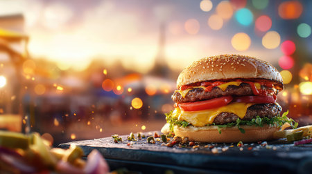 A mouthwatering cheeseburger featuring fresh toppings like lettuce and tomato, set against a colorful, festive background with lights, perfect for food lovers.の素材