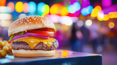 A beautifully crafted cheeseburger with vibrant toppings set against a colorful bokeh backdrop, ideal for festive food imagery and marketing.の素材