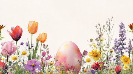 This charming watercolor artwork features a pastel egg surrounded by vibrant flowers, creating a serene and cheerful atmosphere perfect for seasonal celebrations.の素材