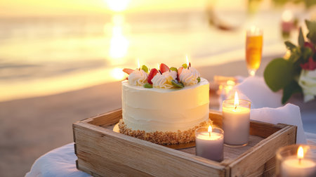 A stunning beachside scene featuring an elegant cake adorned with fresh fruit and flowers, complemented by flickering candles in a serene sunset ambiance.の素材